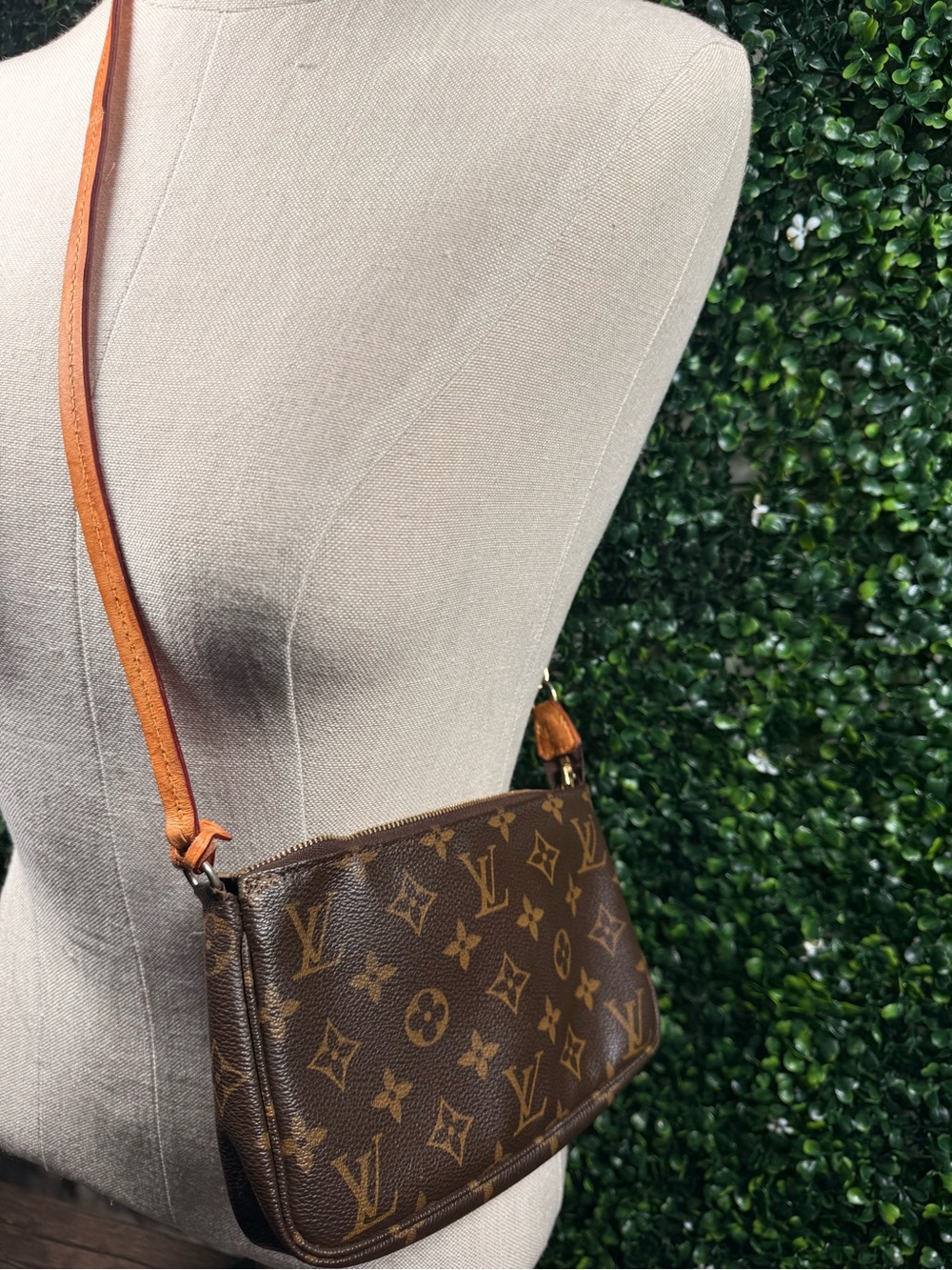 Louis Vuitton Brown Monogram Crossbody Pochette with Tan Strap